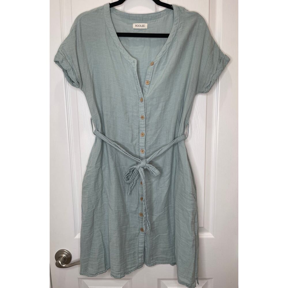 Roolee Linen Gauze sage green button down midi dress with tie belt medium